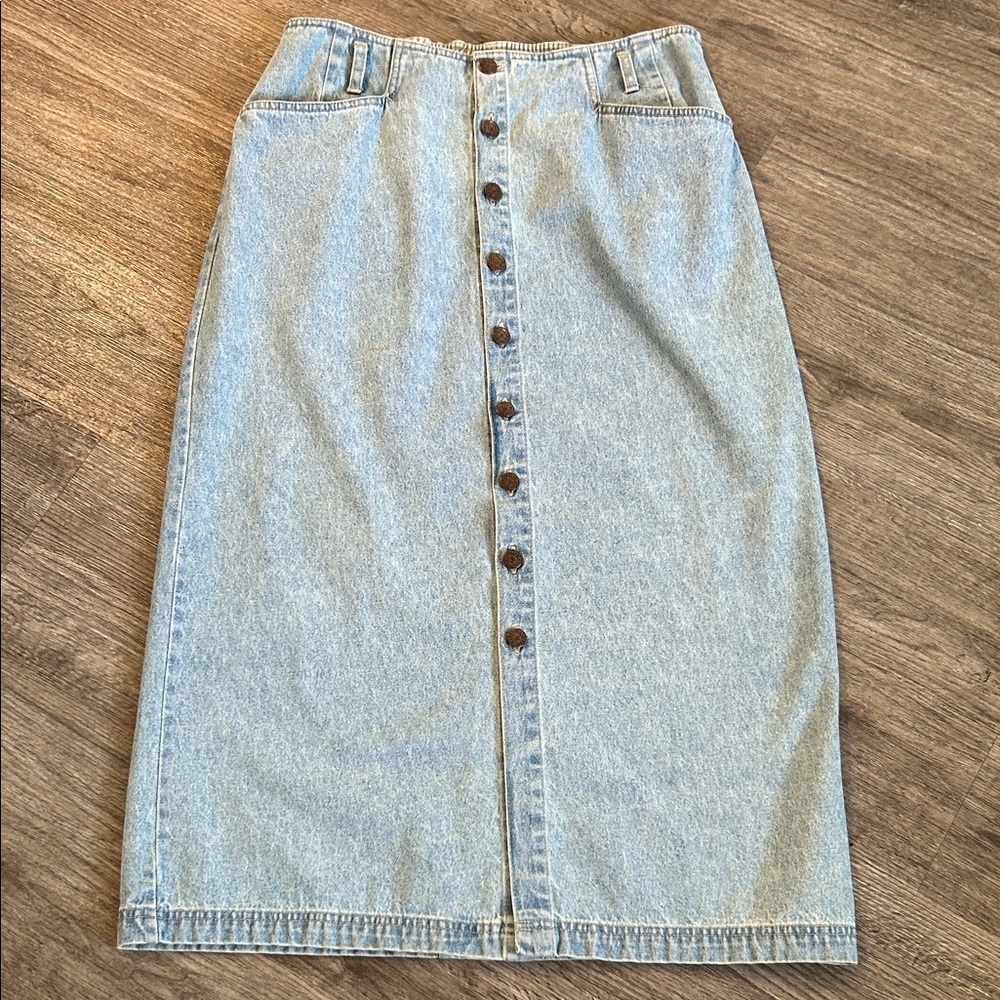 Vintage Bill Blass Denim Midi Skirt Button Front High Waist 10P - Picture 2 of 8